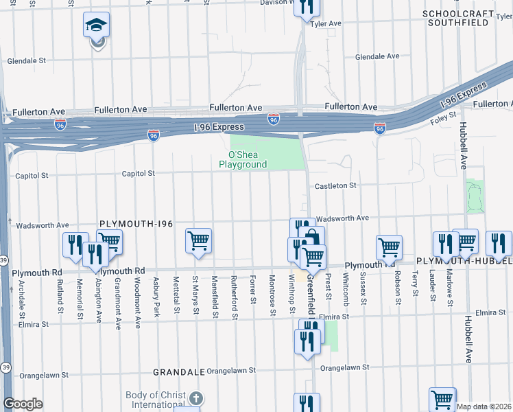 map of restaurants, bars, coffee shops, grocery stores, and more near 12017 Montrose Street in Detroit