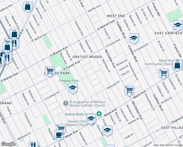 map of restaurants, bars, coffee shops, grocery stores, and more near 8836 East Canfield Street in Detroit