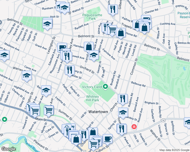 map of restaurants, bars, coffee shops, grocery stores, and more near 26 Lawrence Street in Watertown