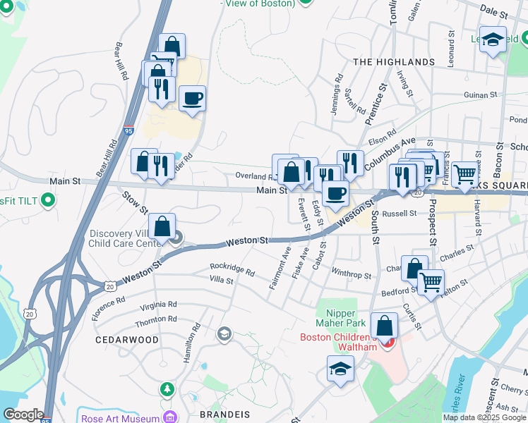 map of restaurants, bars, coffee shops, grocery stores, and more near in Waltham