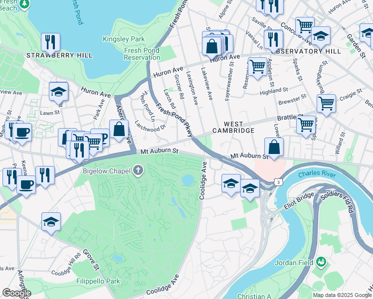 map of restaurants, bars, coffee shops, grocery stores, and more near 6 Brattle Circle in Cambridge