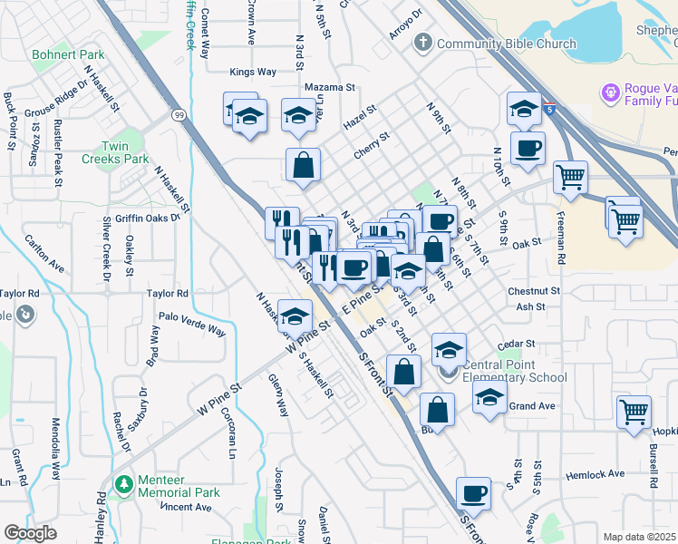 map of restaurants, bars, coffee shops, grocery stores, and more near 57 N 2nd St in Central Point