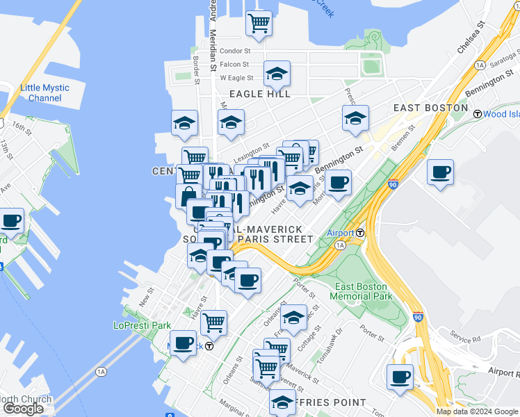 map of restaurants, bars, coffee shops, grocery stores, and more near 67 Bennington Street in Boston
