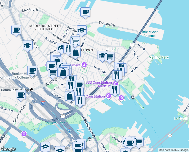 map of restaurants, bars, coffee shops, grocery stores, and more near 6 Wallace Court in Boston