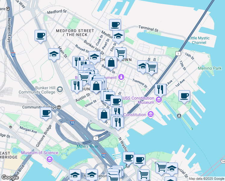 map of restaurants, bars, coffee shops, grocery stores, and more near 34A Pleasant Street in Boston