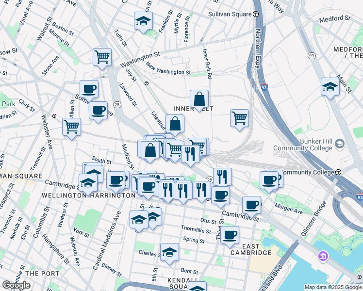 map of restaurants, bars, coffee shops, grocery stores, and more near 51 McGrath Highway in Somerville