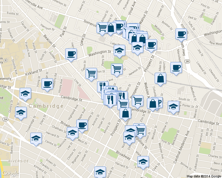 map of restaurants, bars, coffee shops, grocery stores, and more near 37 Springfield Street in Somerville
