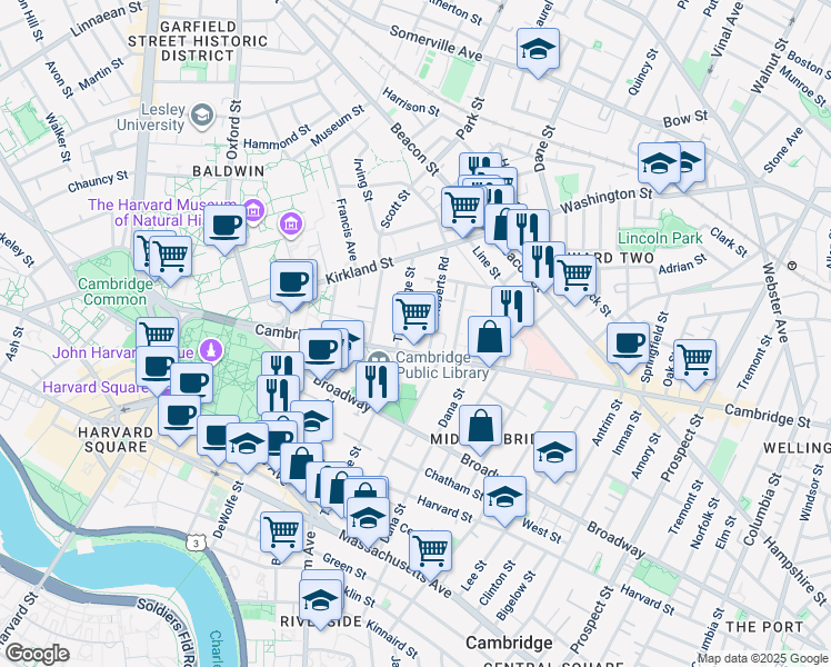 map of restaurants, bars, coffee shops, grocery stores, and more near 1629 Cambridge Street in Cambridge