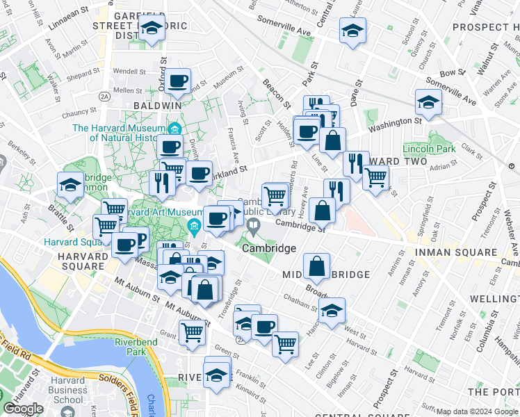 map of restaurants, bars, coffee shops, grocery stores, and more near 1655 Cambridge Street in Cambridge