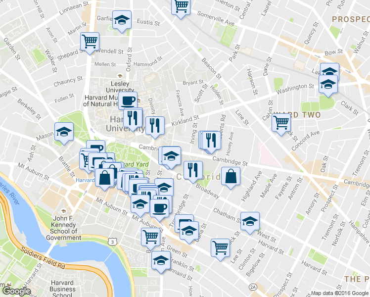 map of restaurants, bars, coffee shops, grocery stores, and more near in Cambridge
