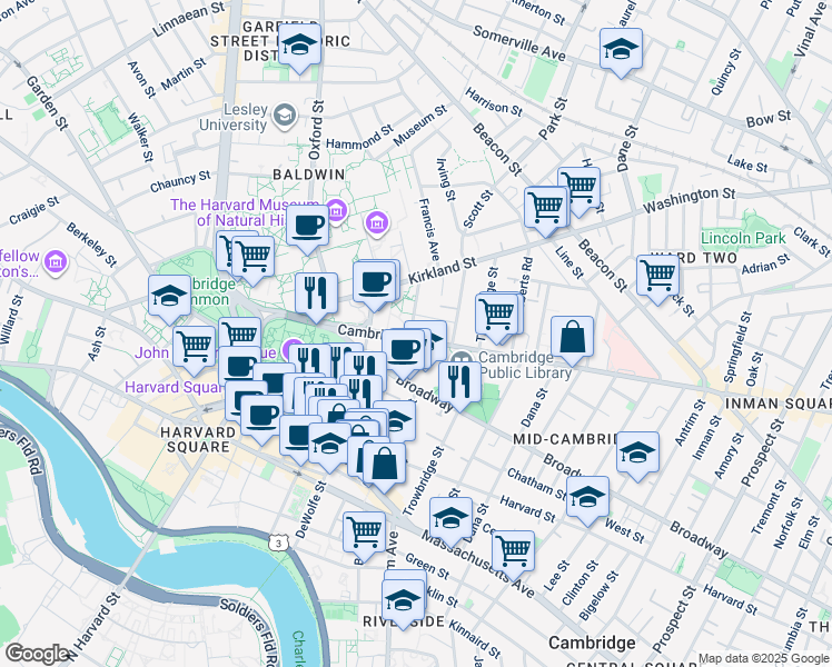 map of restaurants, bars, coffee shops, grocery stores, and more near in Cambridge