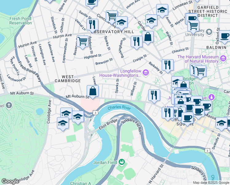 map of restaurants, bars, coffee shops, grocery stores, and more near in Cambridge