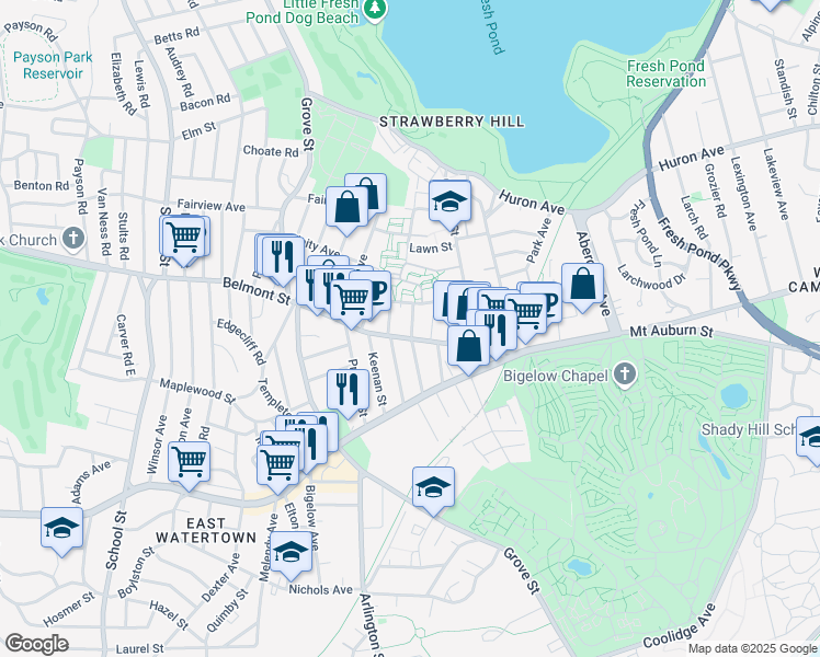 map of restaurants, bars, coffee shops, grocery stores, and more near 82 Belmont Street in Watertown