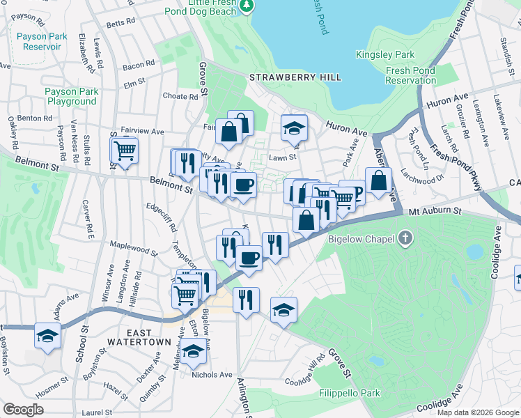map of restaurants, bars, coffee shops, grocery stores, and more near 82 Belmont Street in Watertown