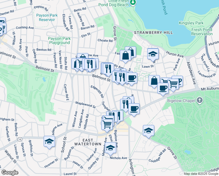 map of restaurants, bars, coffee shops, grocery stores, and more near 362 Arlington Street in Watertown