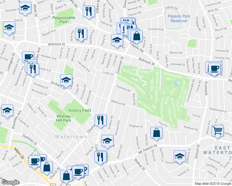 map of restaurants, bars, coffee shops, grocery stores, and more near 141 Robbins Road in Watertown
