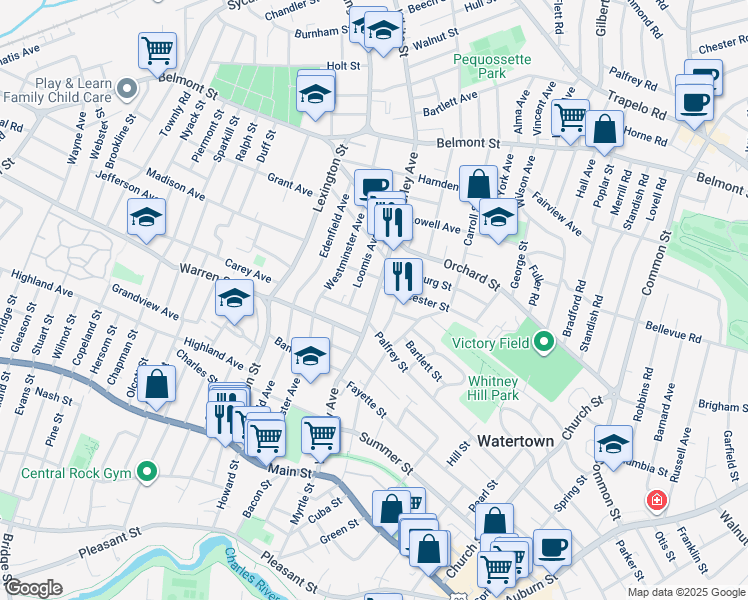 map of restaurants, bars, coffee shops, grocery stores, and more near 41 Quincy Street in Watertown