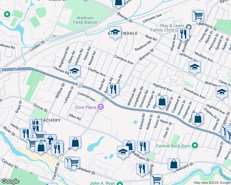 map of restaurants, bars, coffee shops, grocery stores, and more near 21 Warren Street in Waltham