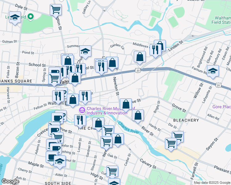 map of restaurants, bars, coffee shops, grocery stores, and more near 47 Amory Road in Waltham