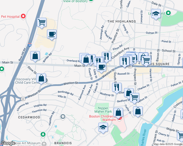 map of restaurants, bars, coffee shops, grocery stores, and more near 60 Nathan Road in Waltham