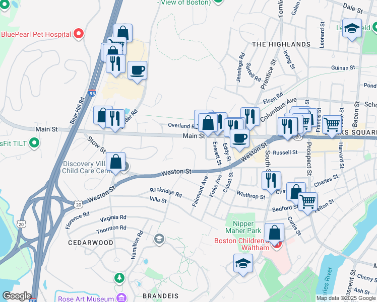 map of restaurants, bars, coffee shops, grocery stores, and more near in Waltham