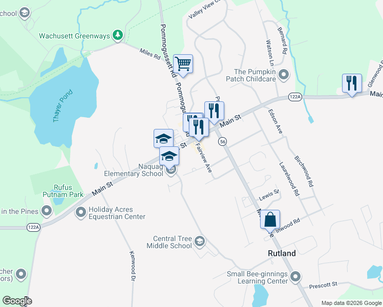 map of restaurants, bars, coffee shops, grocery stores, and more near 2 Meadowbrook Circle in Rutland