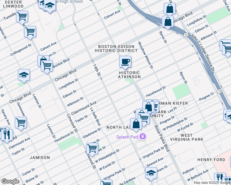 map of restaurants, bars, coffee shops, grocery stores, and more near 2044 Taylor Street in Detroit