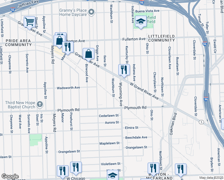map of restaurants, bars, coffee shops, grocery stores, and more near 11709 Washburn Street in Detroit