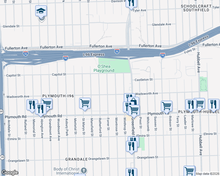 map of restaurants, bars, coffee shops, grocery stores, and more near 12017 Montrose Street in Detroit