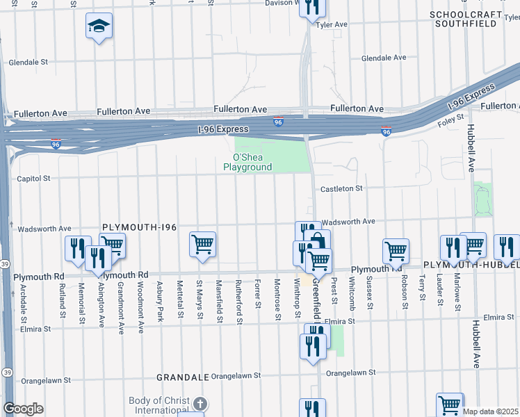 map of restaurants, bars, coffee shops, grocery stores, and more near 12017 Montrose Street in Detroit