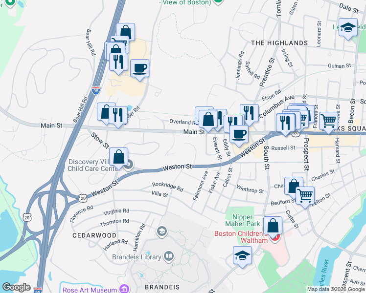map of restaurants, bars, coffee shops, grocery stores, and more near 60 Caldwell Road in Waltham