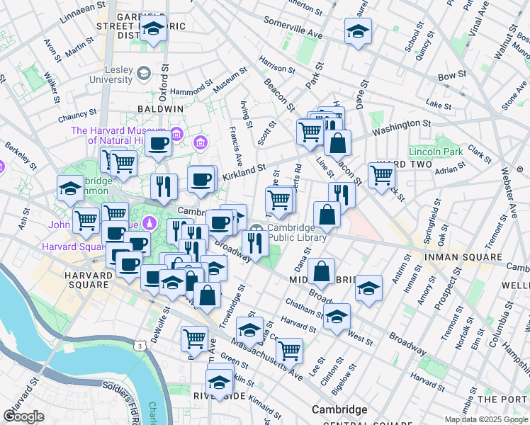 map of restaurants, bars, coffee shops, grocery stores, and more near 79 Trowbridge Street in Cambridge