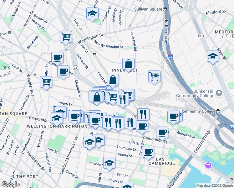 map of restaurants, bars, coffee shops, grocery stores, and more near 51 McGrath Highway in Somerville