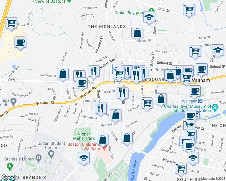 map of restaurants, bars, coffee shops, grocery stores, and more near 127 Russell Street in Waltham