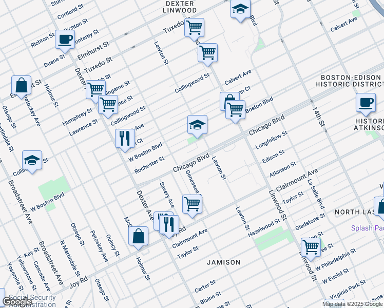 map of restaurants, bars, coffee shops, grocery stores, and more near 2966 Chicago Boulevard in Detroit