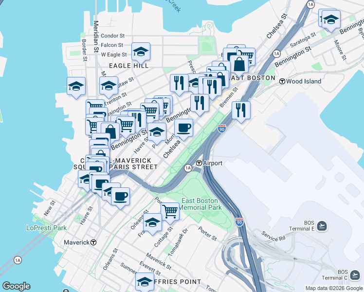 map of restaurants, bars, coffee shops, grocery stores, and more near Bremen Street in Boston