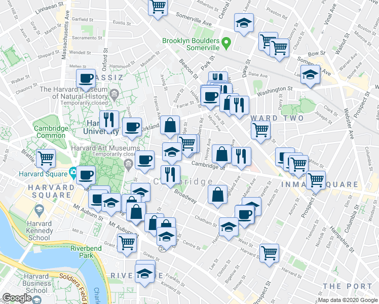 map of restaurants, bars, coffee shops, grocery stores, and more near 6 Adams Terrace in Cambridge