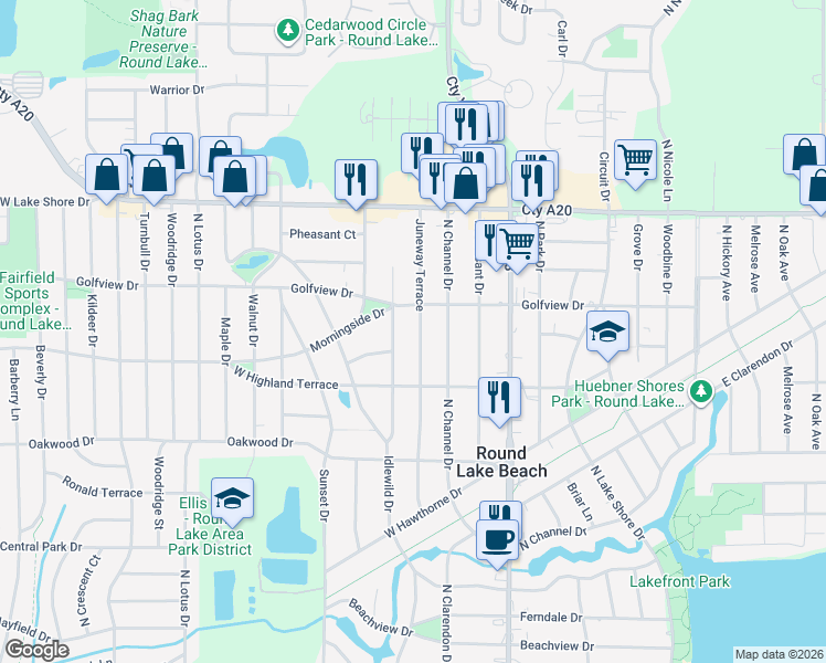 map of restaurants, bars, coffee shops, grocery stores, and more near 1426 Juneway Terrace in Round Lake Beach
