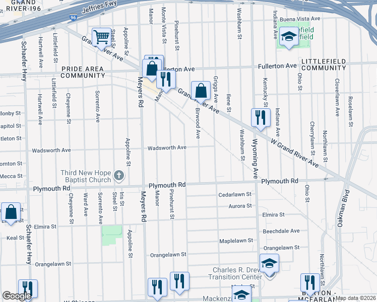map of restaurants, bars, coffee shops, grocery stores, and more near 11717 Mendota Street in Detroit