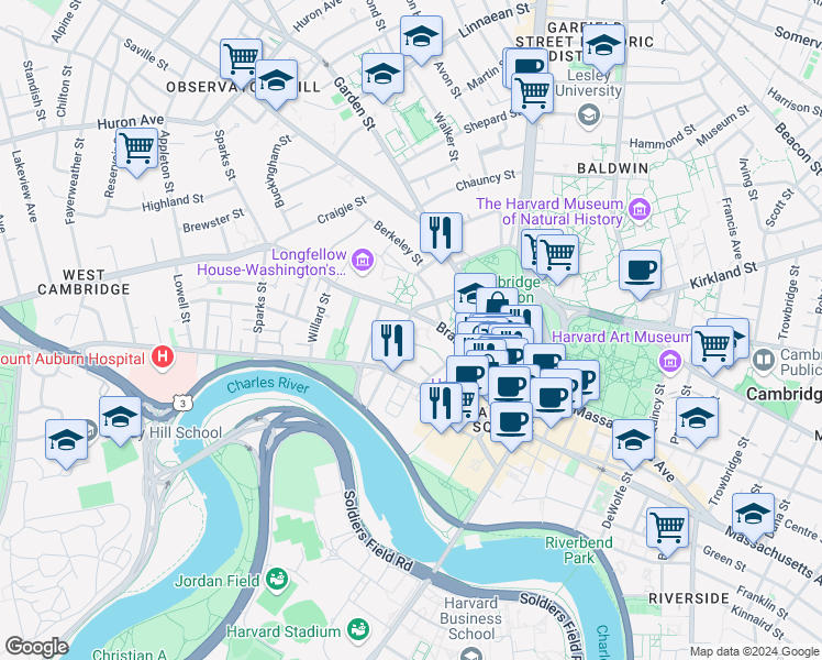 map of restaurants, bars, coffee shops, grocery stores, and more near 86 Brattle Street in Cambridge