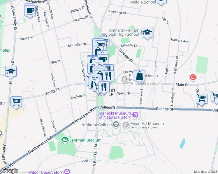 map of restaurants, bars, coffee shops, grocery stores, and more near 26 Spring Street in Amherst