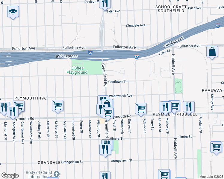 map of restaurants, bars, coffee shops, grocery stores, and more near 12010 Greenfield Road in Detroit