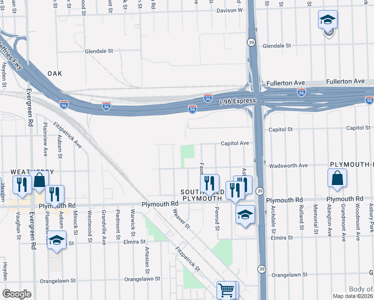 map of restaurants, bars, coffee shops, grocery stores, and more near 11745 Greenview Avenue in Detroit