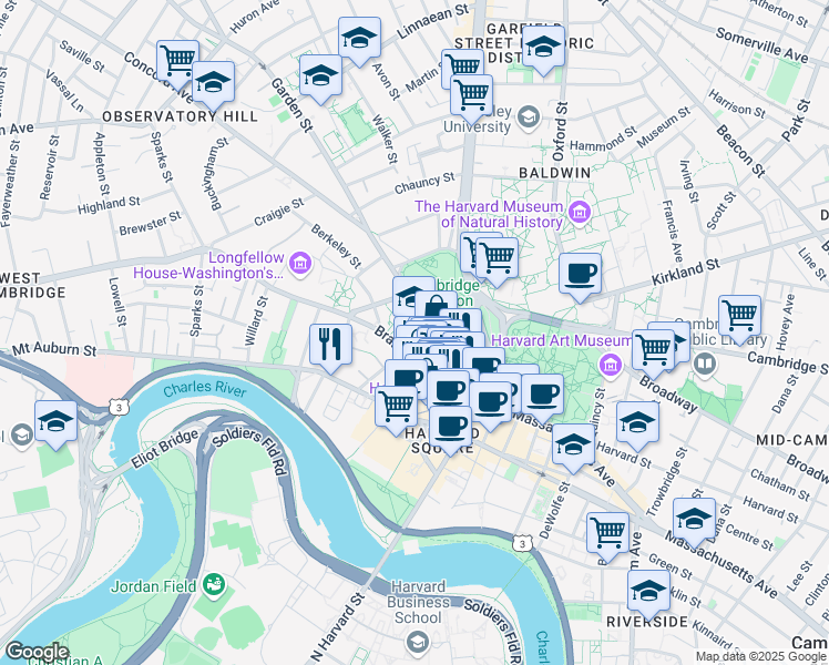 map of restaurants, bars, coffee shops, grocery stores, and more near 13 Appian Way in Cambridge