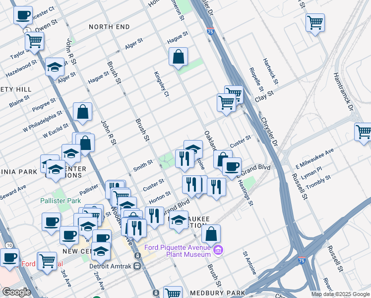 map of restaurants, bars, coffee shops, grocery stores, and more near 525 East Bethune Street in Detroit