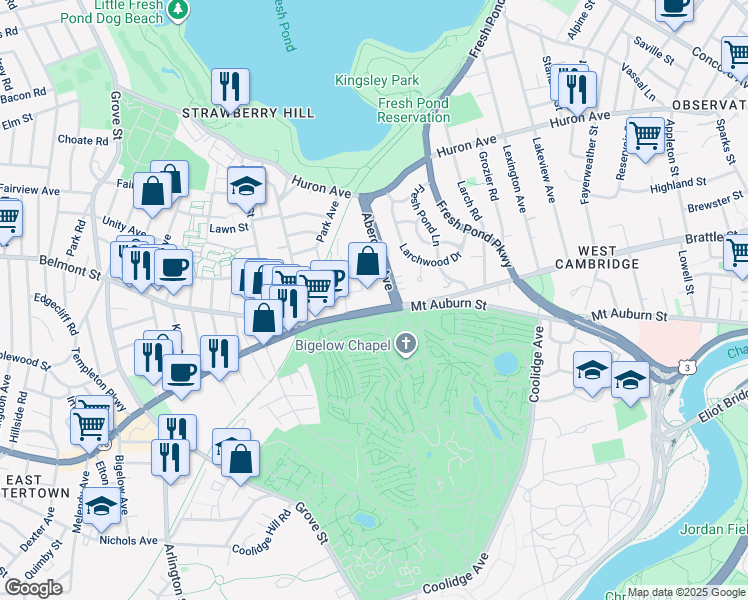 map of restaurants, bars, coffee shops, grocery stores, and more near 4118 Mount Auburn Street in Cambridge