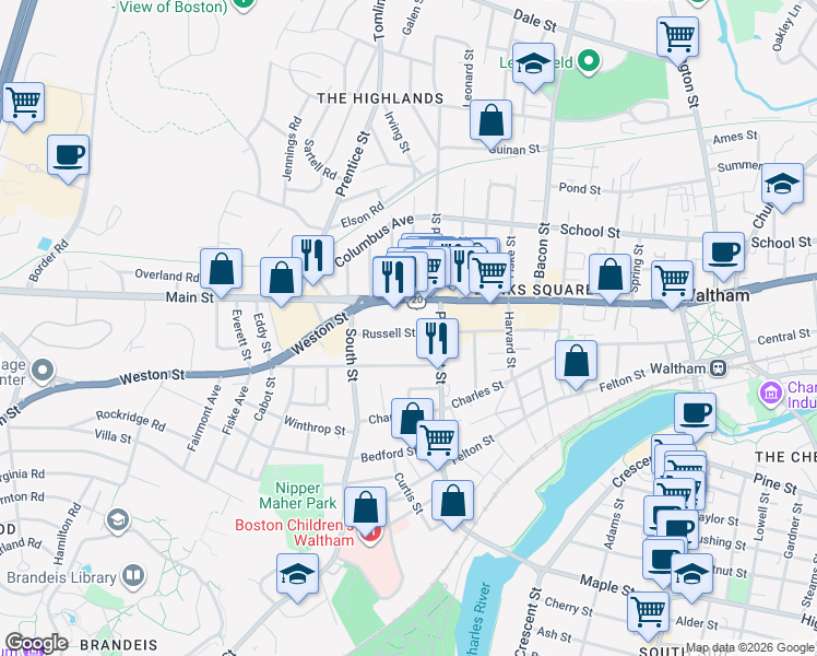 map of restaurants, bars, coffee shops, grocery stores, and more near 136 Russell Street in Waltham