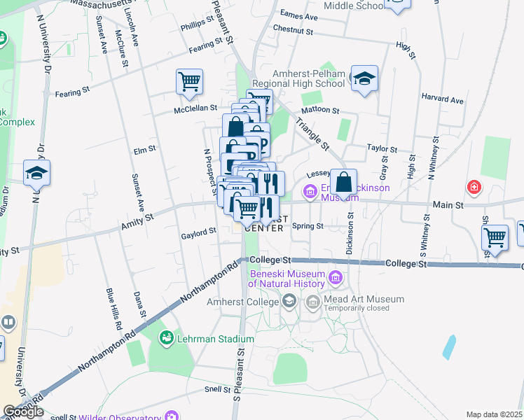 map of restaurants, bars, coffee shops, grocery stores, and more near 4 Boltwood Avenue in Amherst