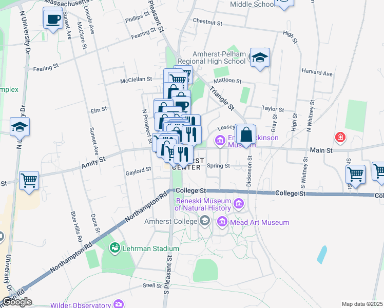 map of restaurants, bars, coffee shops, grocery stores, and more near 26 Spring Street in Amherst