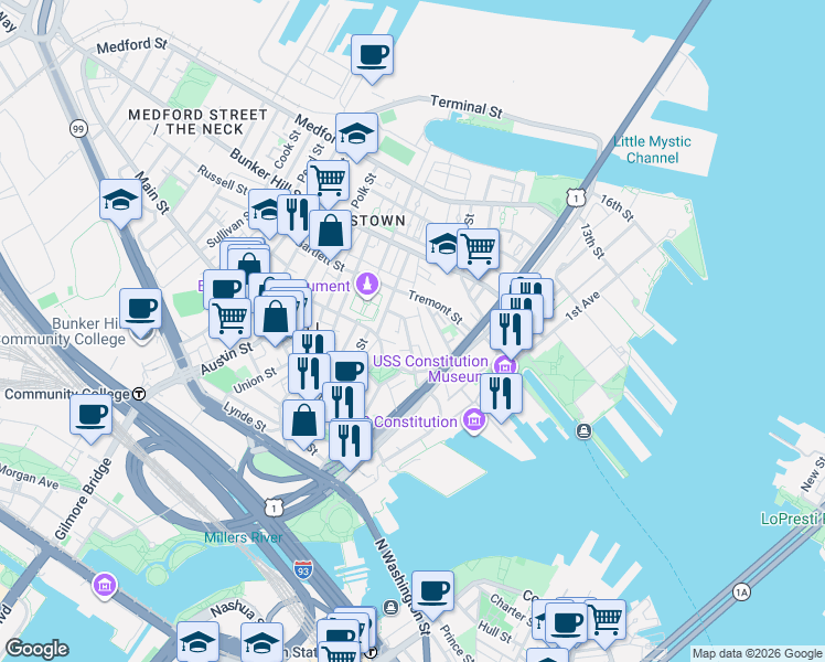 map of restaurants, bars, coffee shops, grocery stores, and more near 6 Wallace Court in Boston